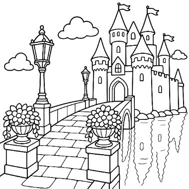 Line drawing of a turreted castle beside water, reached by a stone bridge lined with lampposts and flower urns.