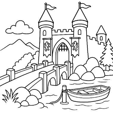 A line drawing of a castle with towers and banners, a bridge over water, rocks, trees, and a small rowboat below.