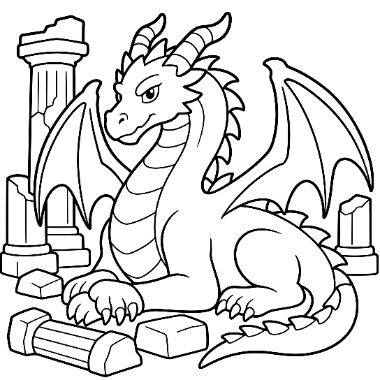 Line art of a horned dragon with large wings sitting among broken stone columns and rubble.
