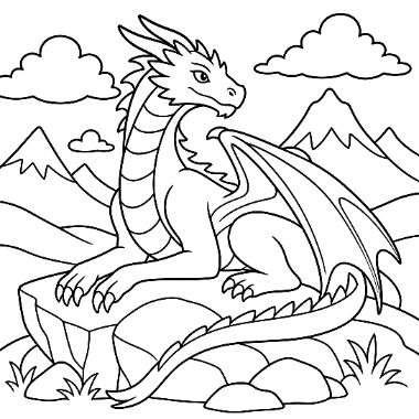 Line art of a dragon with folded wings sitting on a rock, with mountains and clouds in the background.