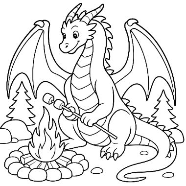 A friendly winged dragon sits by a campfire, holding a stick with a marshmallow over the flames, with trees and rocks nearby.