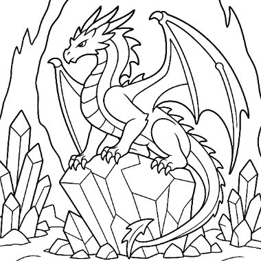 Line art of a horned dragon with folded wings standing on a large crystal formation, surrounded by more crystals in a cave.