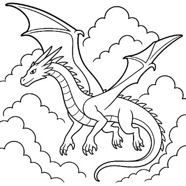 Line art of a horned dragon with spread wings and a long striped tail soaring among fluffy clouds.