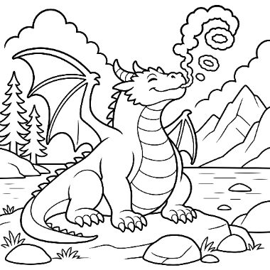 Line drawing of a horned dragon with folded wings sitting on rocks, blowing smoke rings near mountains and pine trees.