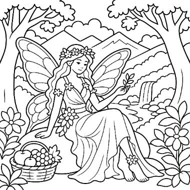 A winged fairy with a flower crown sits on a rock near a waterfall, holding a leaf, with a fruit basket nearby.