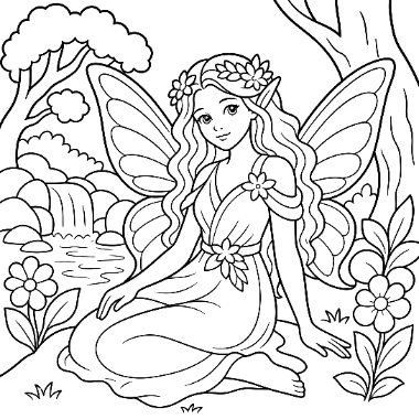 A fairy with butterfly wings and a flower crown sits by a waterfall and flowers in a forest.