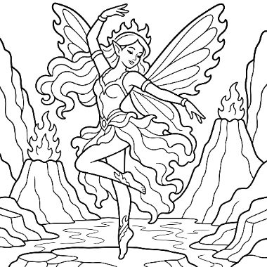 A winged fairy with flowing hair balances on one foot near erupting volcanoes and a pool of water.