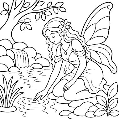 Line drawing of a fairy with butterfly wings kneeling by a stream, touching the water, near a tree and waterfall.
