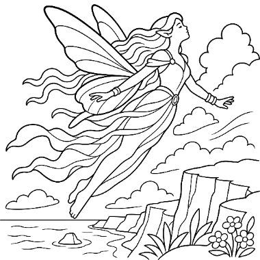 Line art of a winged fairy with flowing hair and dress soaring above ocean cliffs and clouds.
