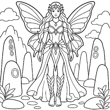 Line art of a crowned fairy with large butterfly wings standing among tall rocks and clouds.