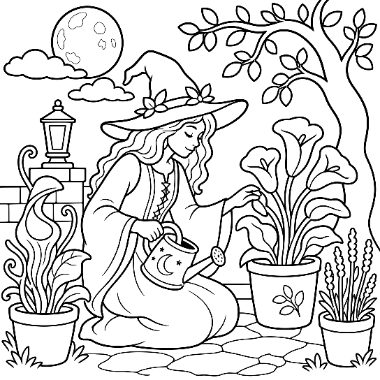 A witch in a pointed hat kneels watering potted plants beside a tree, with the moon visible behind clouds.