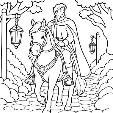 A young prince in a cloak rides a horse along a cobblestone path lined with trees and lanterns.