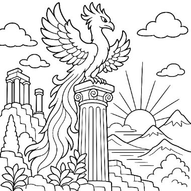 Line drawing of a phoenix with spread wings perched atop an ancient column, with ruins, mountains, and a rising sun in the background.
