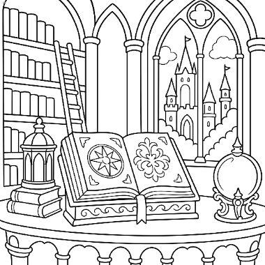 An open magic book on a table beside a crystal ball, with bookshelves and a ladder, and a castle visible through an arched window.