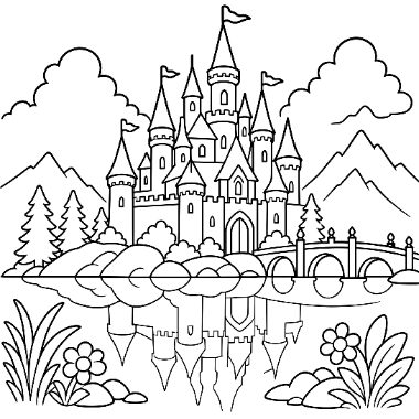 Line drawing of a fairy-tale castle with flags and towers reflected in water, framed by trees, clouds, and a bridge.
