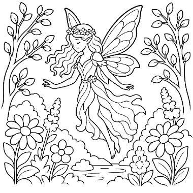 Line drawing of a winged fairy with long hair floating above flowers and a pond, flanked by two trees.