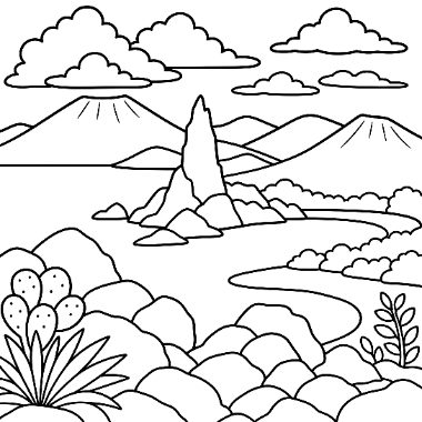 Line art of a desert scene with mountains, clouds, a rocky spire, winding path, boulders, and a cactus.