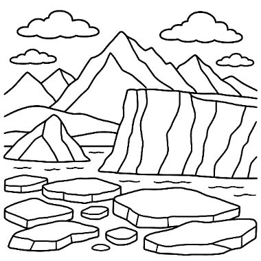Line drawing of mountains and a striped glacier behind a bay with floating ice chunks and clouds in the sky.
