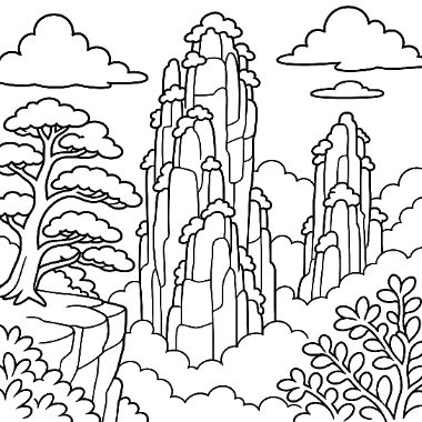 Line art of tall rocky mountain spires rising through clouds, with a pine tree on a cliff and bushes below.