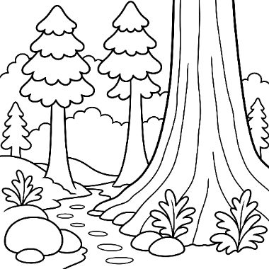 Line art of pine trees and a large tree beside a rocky stream with plants growing along the banks.