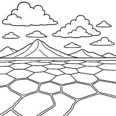 Line art of a cracked, tiled desert ground stretching toward mountains under a cloudy sky.