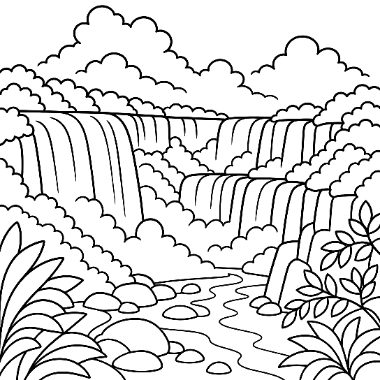 Line art of a cascading waterfall surrounded by trees, flowing into a rocky river with plants in the foreground.