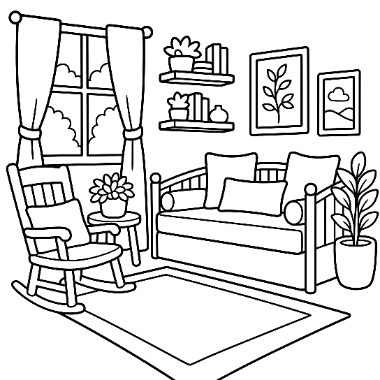 Line drawing of a living room with a daybed, rocking chair, window with curtains, shelves, framed pictures, and a potted plant.