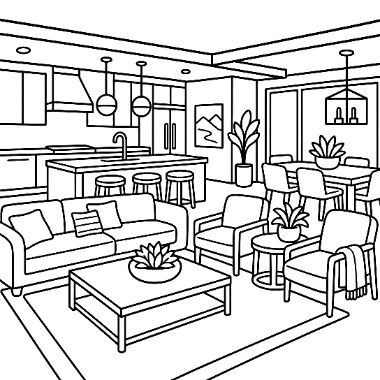 Line drawing of an open-plan living space with a kitchen island, dining table, sofa, armchairs, coffee table, and potted plants.