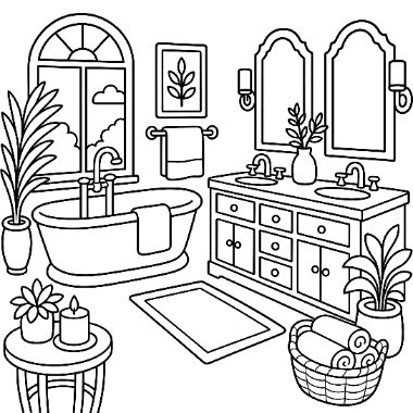 Line art of a bathroom with a clawfoot tub, double sink vanity with mirrors, plants, candles, and a towel basket.