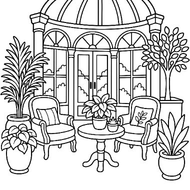 Line drawing of a glass conservatory with arched windows, two armchairs, a small table, and several potted plants.