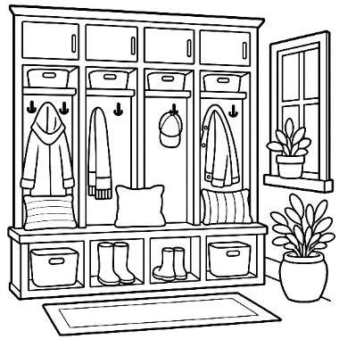 Line drawing of a mudroom bench with cubbies holding coats, hats, boots, pillows, and bins, beside a window and potted plants.