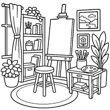 Line drawing of an art studio featuring an easel, stool, bookshelf, curtain, plants, and framed pictures on the wall.