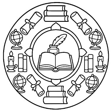 A circular mandala centered on an open book with a feather quill, surrounded by globes, candles, diplomas, and stacks of books.