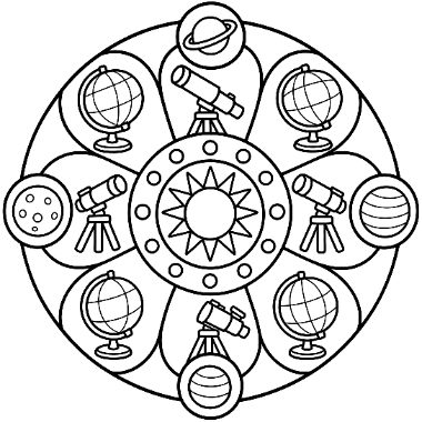 A circular mandala design featuring a sun center surrounded by alternating telescopes, globes, and planet icons in a symmetrical pattern.