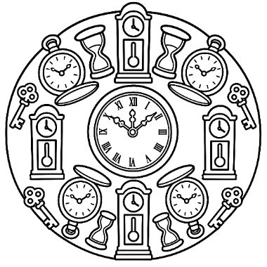 A circular mandala coloring page featuring a central clock surrounded by grandfather clocks, pocket watches, hourglasses, and keys.