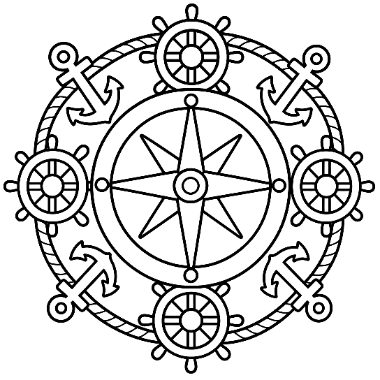 A circular design featuring a central compass star surrounded by four ship wheels and four anchors within a rope border.