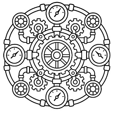 A circular steampunk design with interlocking gears, pressure gauges, and pipes arranged symmetrically around a central wheel.