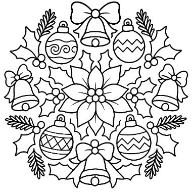 A circular design with a central poinsettia flower surrounded by bells, bows, ornaments, and holly leaves.