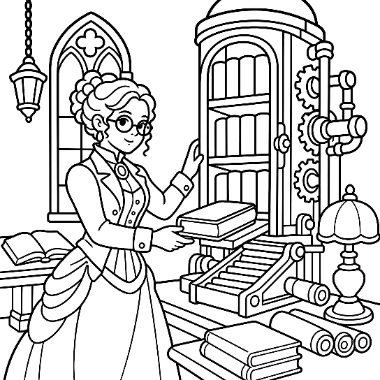 A woman in Victorian attire stands beside a gothic window and an ornate gear-driven machine holding books.