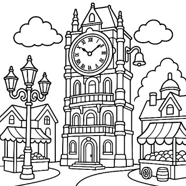 Line art of a tall clock tower with a bell, flanked by street lamps, clouds, and market stalls selling fruit.