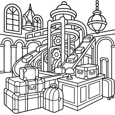 Line art of an ornate gear-driven conveyor system moving suitcases and trunks through a station with arched windows and hanging lamps.
