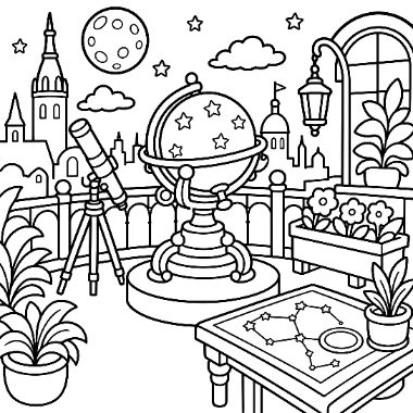 A rooftop scene with a starry globe, telescope, potted plants, a lantern, and a table with a star map under a night sky.