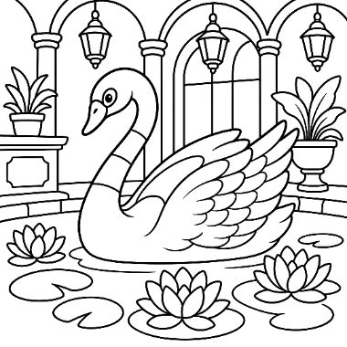 A line drawing of a graceful swan floating on a pond with water lilies, in front of an arched courtyard with hanging lanterns and potted plants.