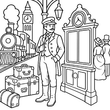 A uniformed train conductor stands by luggage near a large clock, with a steam train and Big Ben in the background.