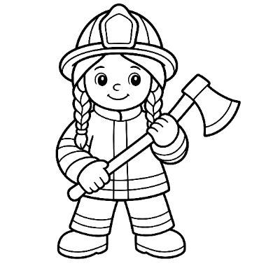 Line art of a smiling girl in a firefighter helmet and uniform with braided pigtails, holding a large axe.