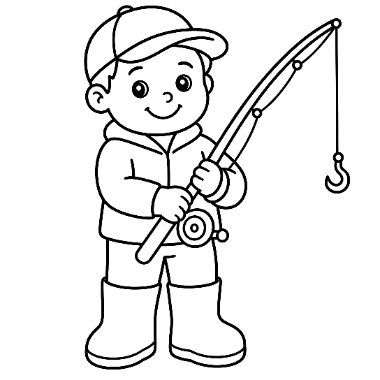 Line drawing of a smiling boy wearing a cap and boots, holding a fishing rod with a hook dangling.