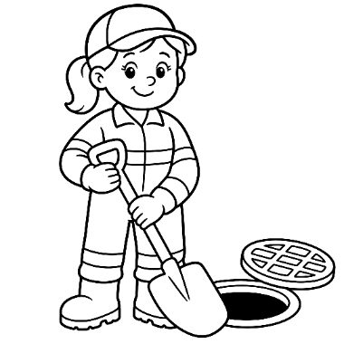 A line drawing of a girl in overalls and cap holding a shovel beside an open manhole cover.