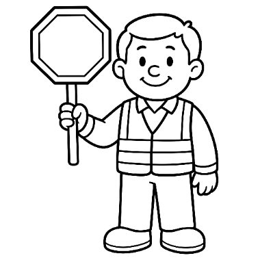 Line drawing of a smiling boy in a safety vest holding a blank octagonal sign on a pole.