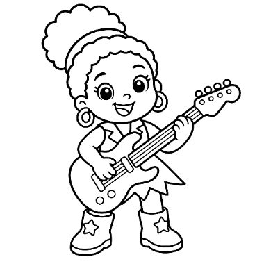 Line drawing of a curly-haired girl smiling while playing a large electric guitar, wearing earrings and star-decorated boots.