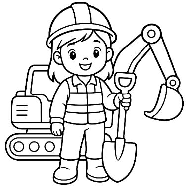 A smiling girl in a hard hat and safety vest holds a shovel beside a large excavator.